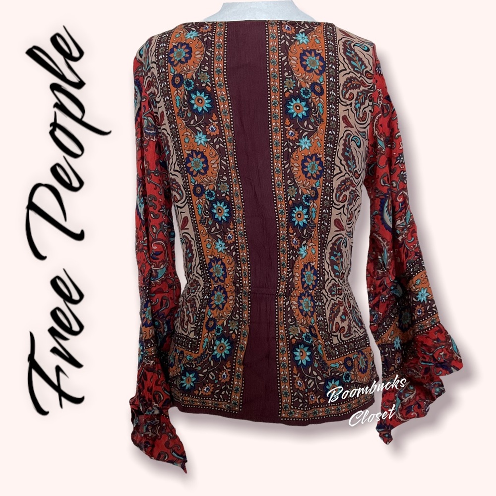NWT Free People  Boho  Red Combo Wrap Top XS Bell Sleeves, Long Sleeves - Picture 7 of 13